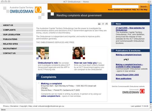 Homepage of redeveloped ACT Ombudsman internet site (www.ombudsman.act.gov.au)