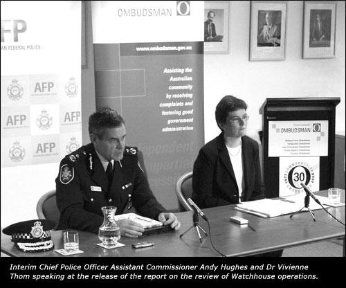 Interim Chief Police Officer Assistant Commissioner Andy Hughes and Dr Vivienne Thom speaking at the release of the report on the review of Watchhouse operations.